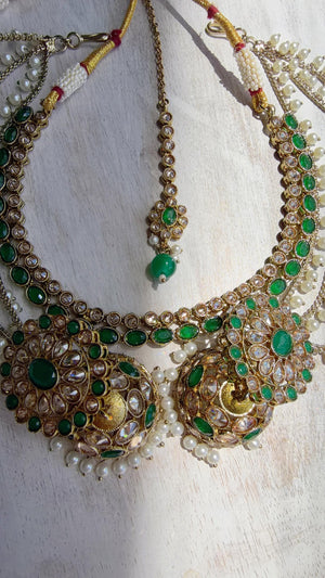 Antique Polki Kundan Green Necklace Set with Bahubali Jhumka & Maang Tikka | Indian Bridal Jewelry