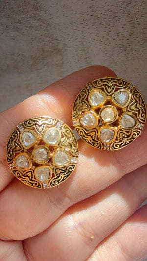 Meenakari Moissanite Polki Kundan Stud Earrings | Indian Jewelry | Statement Flower CZ Diamond Studs