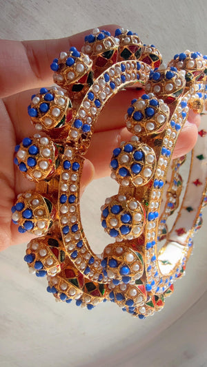 Blue Pearl Rajwadi Pachali Kada Pair | Gold Kundan Bridal Bangles | Emerald Jadau Rajwadi Kada | Indian Wedding Jewelry | Sold as Pair