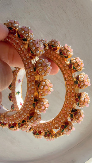 Baby Pink Pearl Rajwadi Pachali Kada Pair | Gold Kundan Bridal Bangles | Emerald Jadau Rajwadi Kada | Indian Wedding Jewelry | Sold As Pair