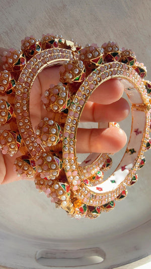 Baby Pink Pearl Rajwadi Pachali Kada Pair | Gold Kundan Bridal Bangles | Emerald Jadau Rajwadi Kada | Indian Wedding Jewelry | Sold As Pair