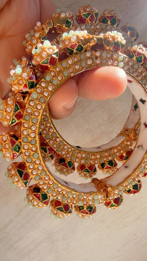 Mint Pearl Rajwadi Pachali Kada Pair | Gold Kundan Bridal Bangles | Emerald Jadau Rajwadi Kada | Indian Wedding Jewelry | Sold as Pair