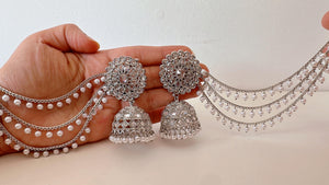 Bahubali Polki Pearl Silver kundan Jhumka Earrings with detachable ear chains/Bahubali Kundan Jhumka With Earchain Sahare /Indian Jewelry