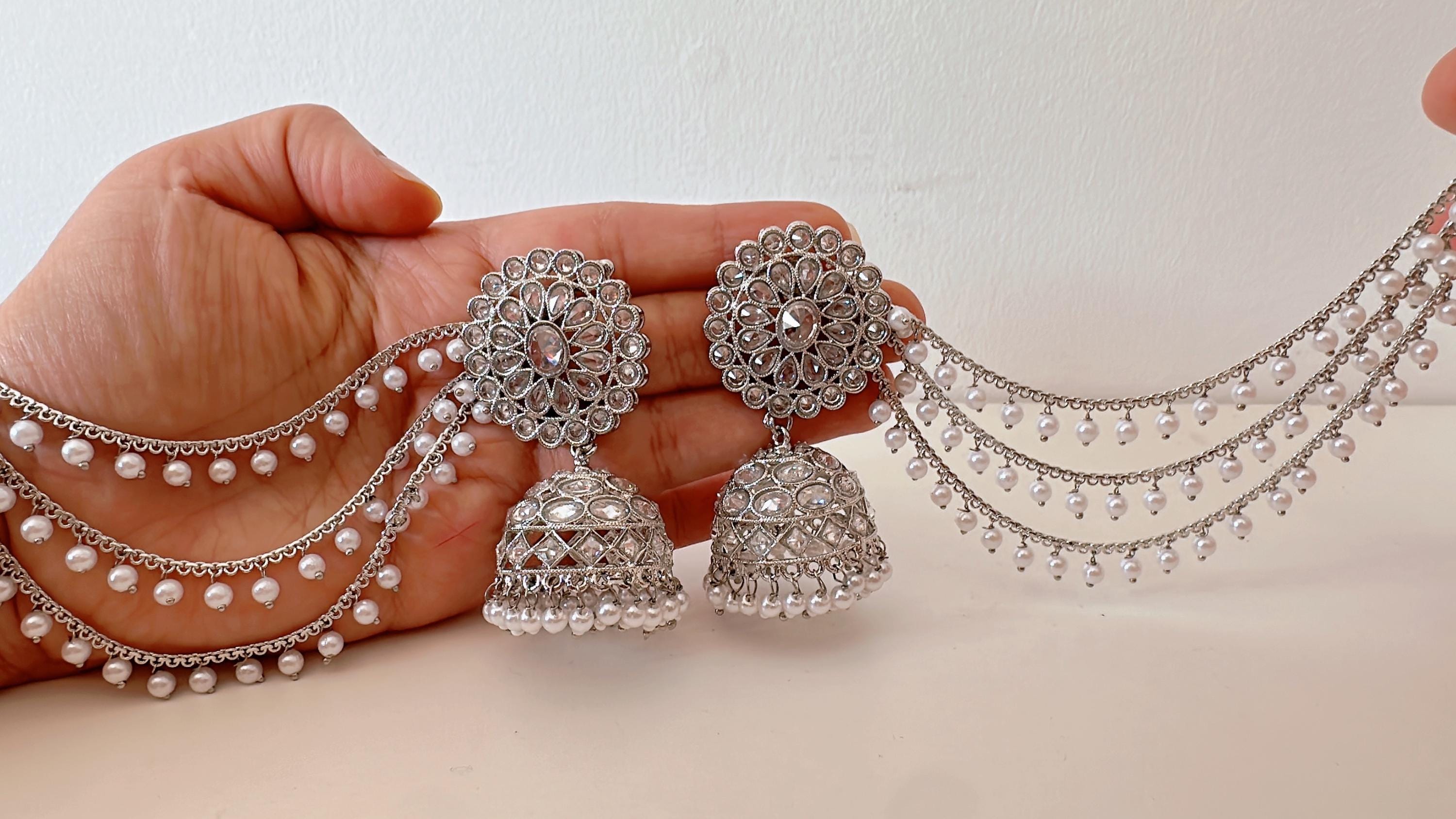 Bahubali Polki Pearl Silver kundan Jhumka Earrings with detachable ear chains/Bahubali Kundan Jhumka With Earchain Sahare /Indian Jewelry