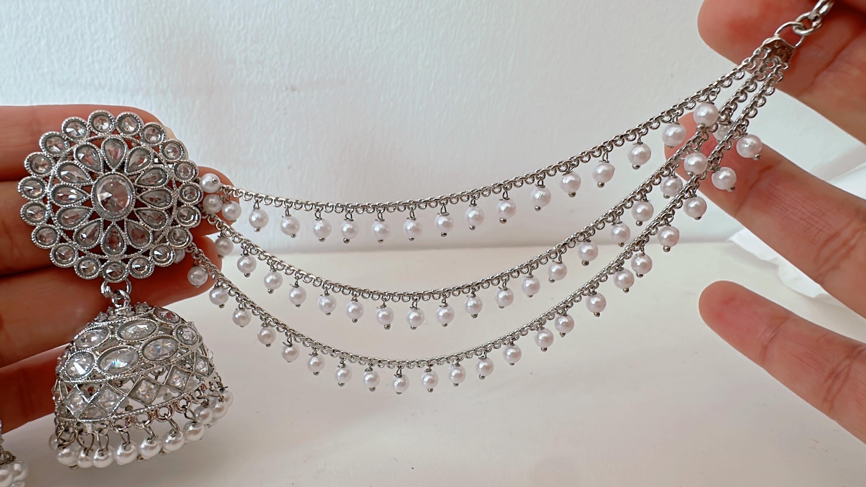 Bahubali Polki Pearl Silver kundan Jhumka Earrings with detachable ear chains/Bahubali Kundan Jhumka With Earchain Sahare /Indian Jewelry