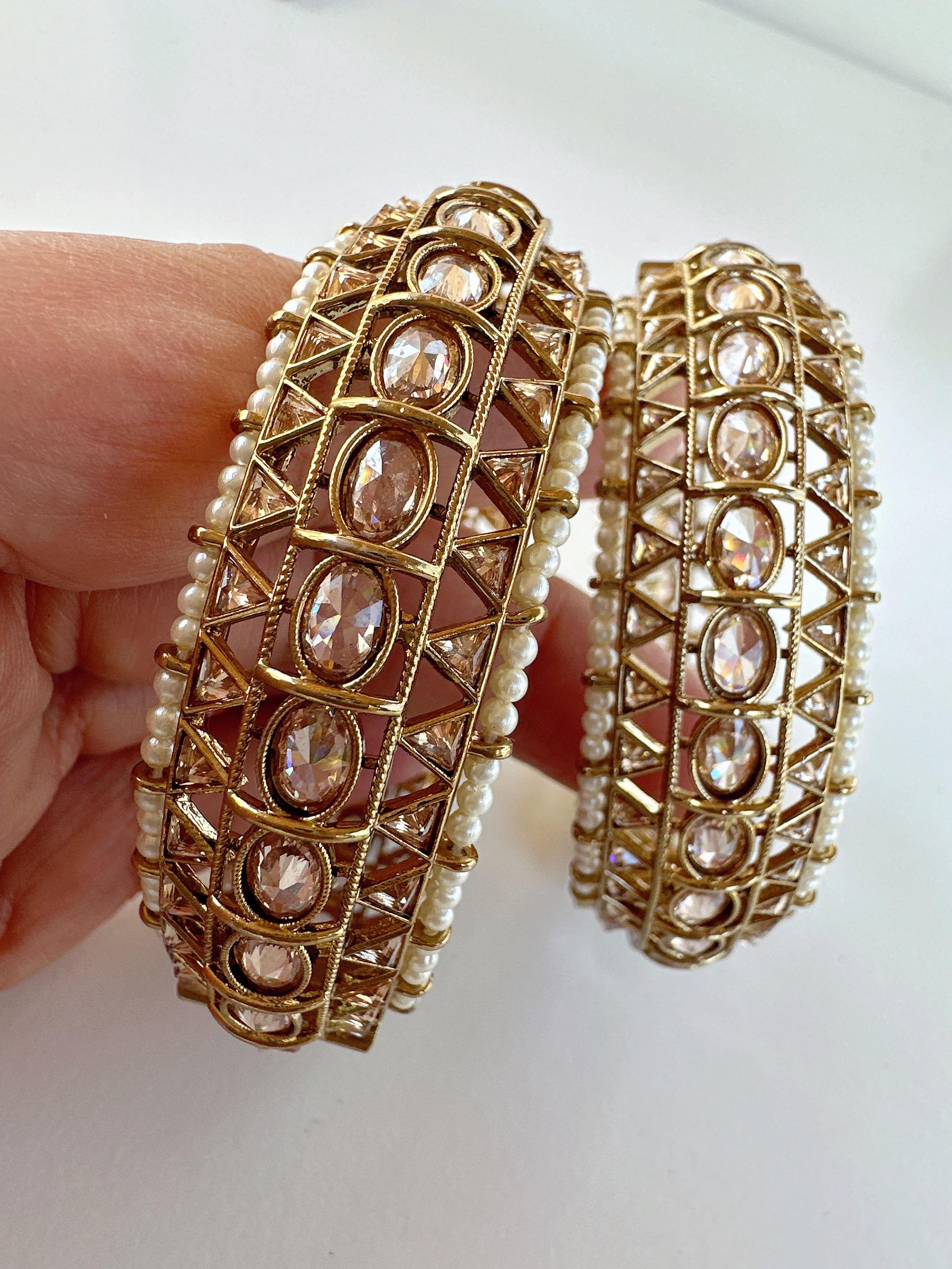 Openable Gold Kundan Polki Bangles pair/Polki Kundan antique finish Pearl Bangles /Indian Jewelry/Dull gold kundan bangles/Indian Wedding