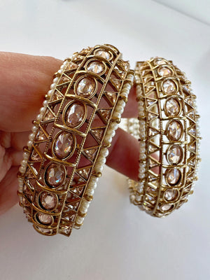Openable Gold Kundan Polki Bangles pair/Polki Kundan antique finish Pearl Bangles /Indian Jewelry/Dull gold kundan bangles/Indian Wedding