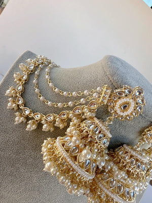 Bahubali Kundan Pearl Jhumka Earrings Set With Earchain Sahare /Bahubali Kundan & Pear Jhumka / Indian Jewelry/ Bridesmaid Gifts