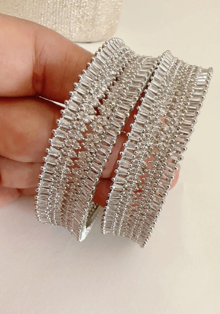 Rhodium Finish American diamond bangle/ Cz stone Silver diamond Indian bangles/Indian Jewelry /bridal jewelry/Cubic zirconia bangles Kada