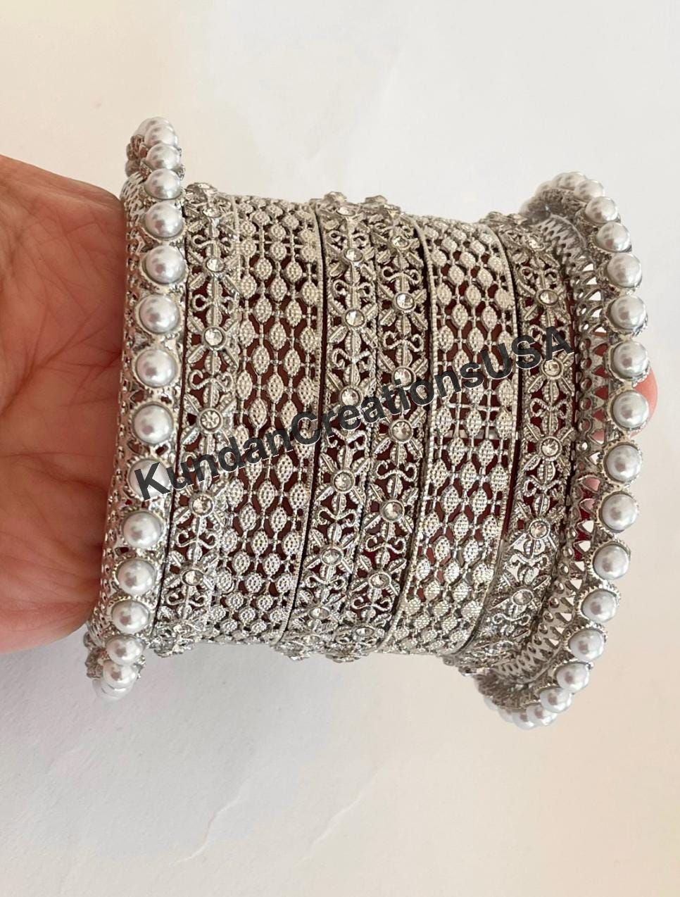 Silver Kundan Pearl Bangles 8 PC/Indian Bangles/ Indian jewelry/wedding jewelry/Silver Kundan bangles/Silver Polki kundan pearl bangles