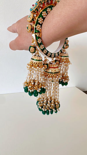 Restocked Bridal Rajwadi Kada with kalira jhumka / Sangeet Kada/ Emerald Rajwadi Kada /Indian Wedding jewelry/Baby Shower bridal bangles