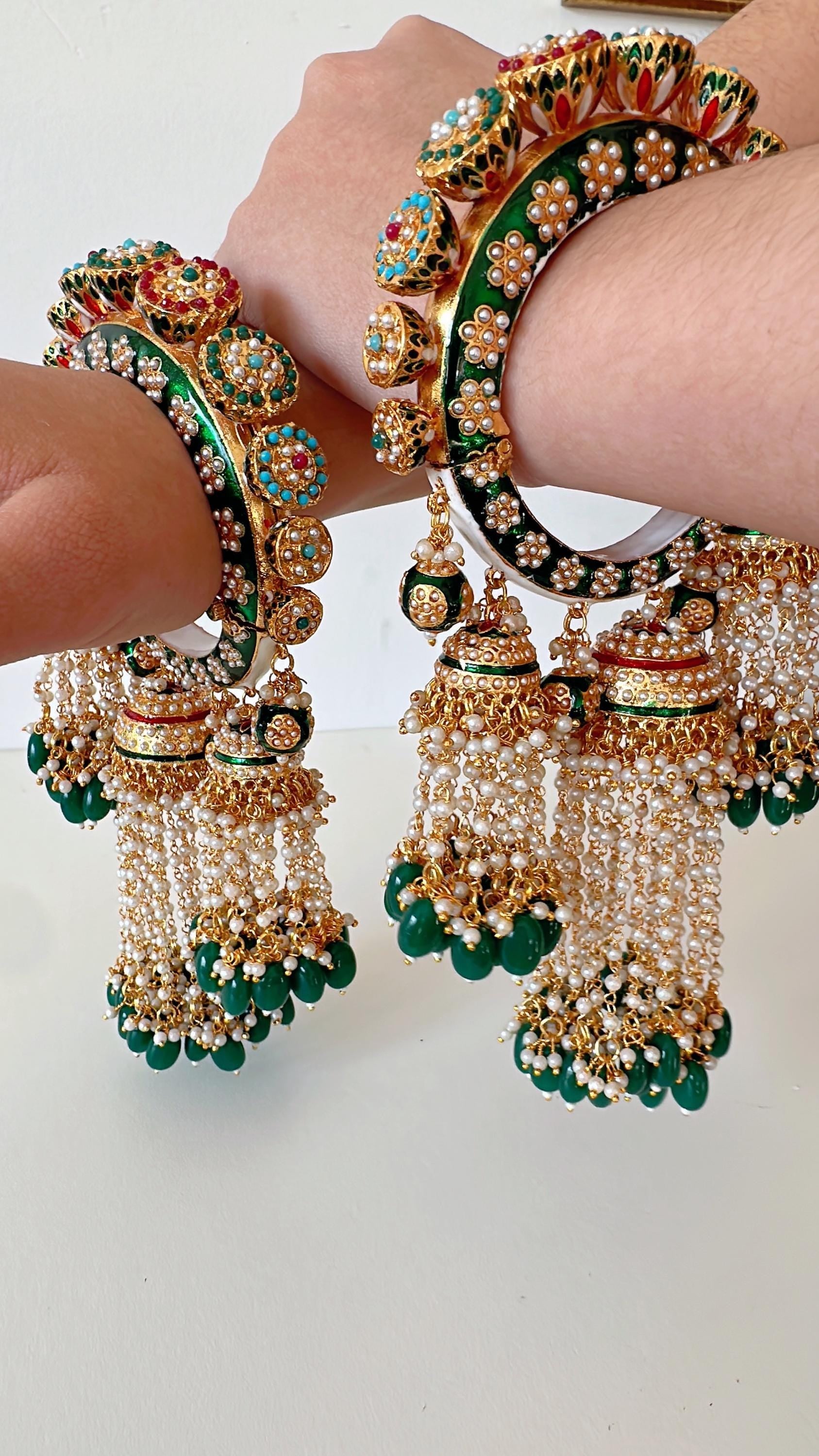 Restocked Bridal Rajwadi Kada with kalira jhumka / Sangeet Kada/ Emerald Rajwadi Kada /Indian Wedding jewelry/Baby Shower bridal bangles