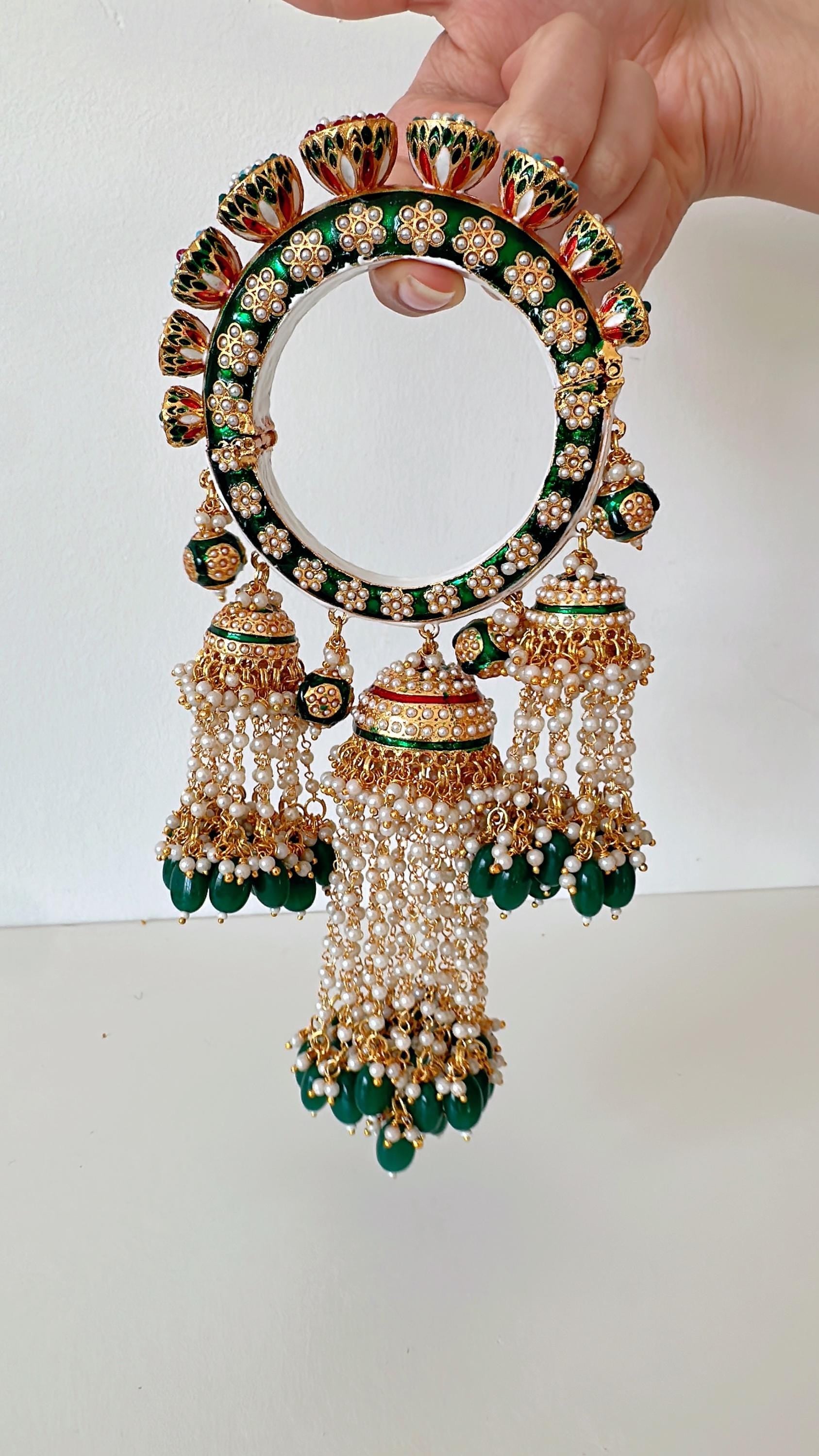 Restocked Bridal Rajwadi Kada with kalira jhumka / Sangeet Kada/ Emerald Rajwadi Kada /Indian Wedding jewelry/Baby Shower bridal bangles