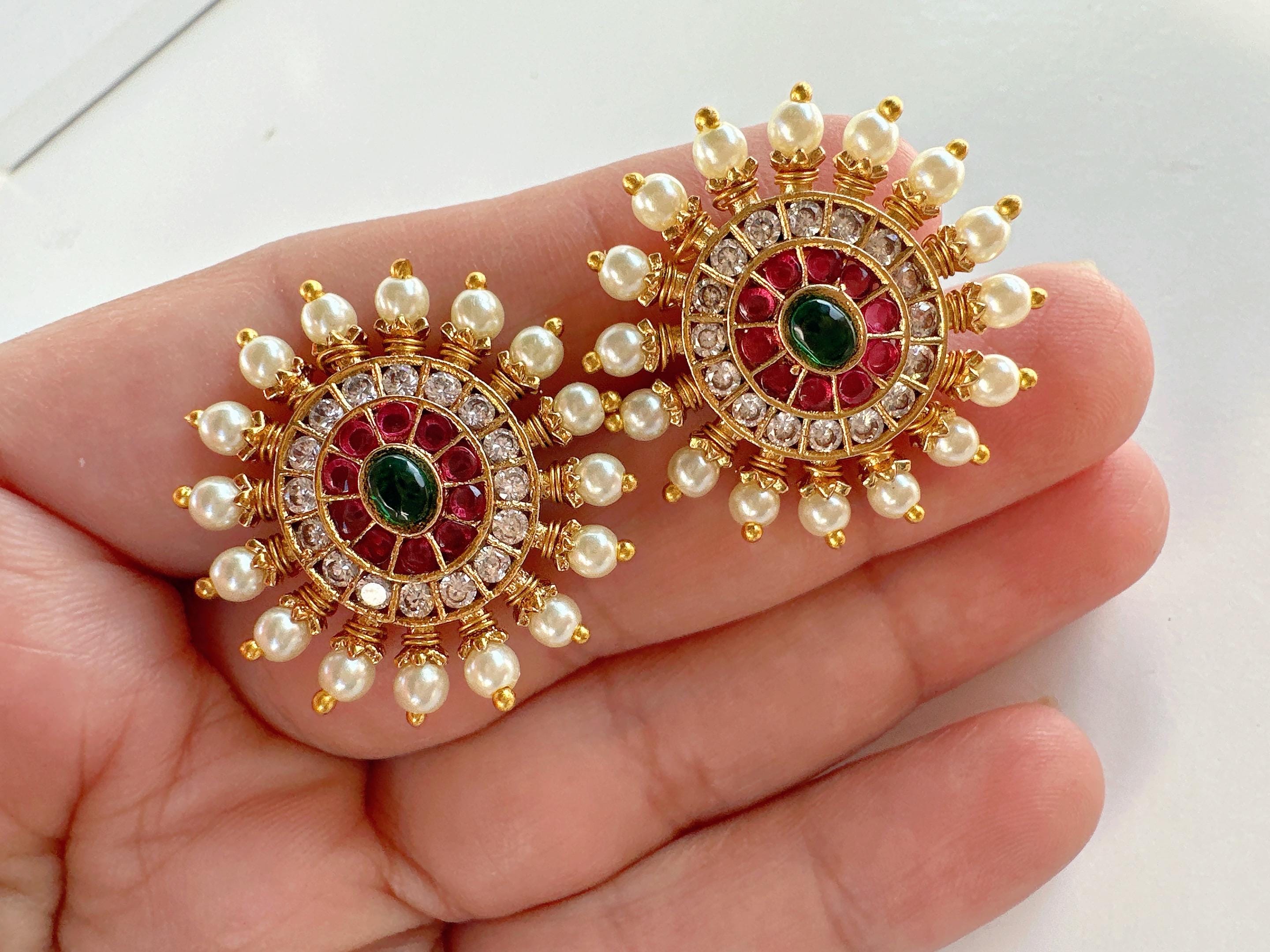 Kundan Stud Diamond Earrings /Indian Studs/Indian Jewelry/Ruby Green Studs/Statement Stud Earring/Kundan Stud Earrings