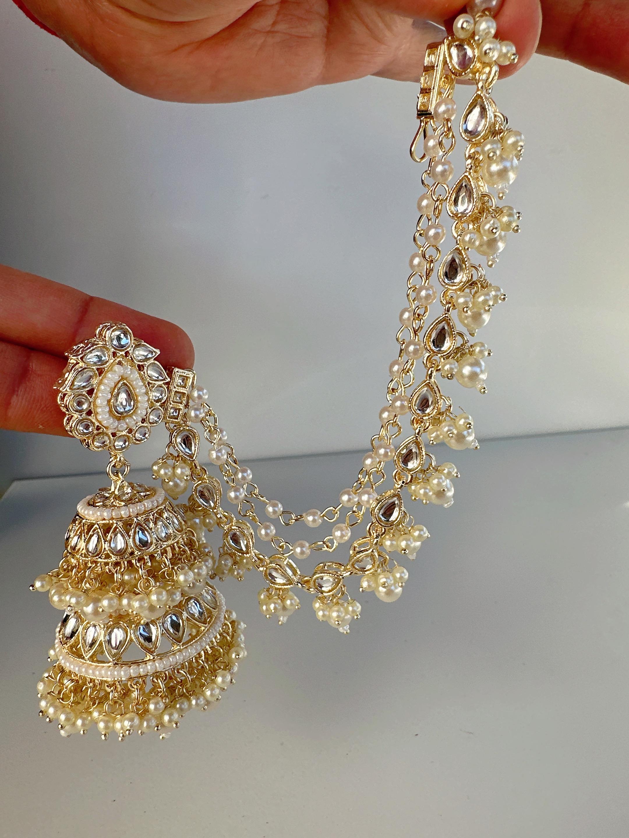 Bahubali Kundan Pearl Jhumka Earrings Set With Earchain Sahare /Bahubali Kundan & Pear Jhumka / Indian Jewelry/ Bridesmaid Gifts