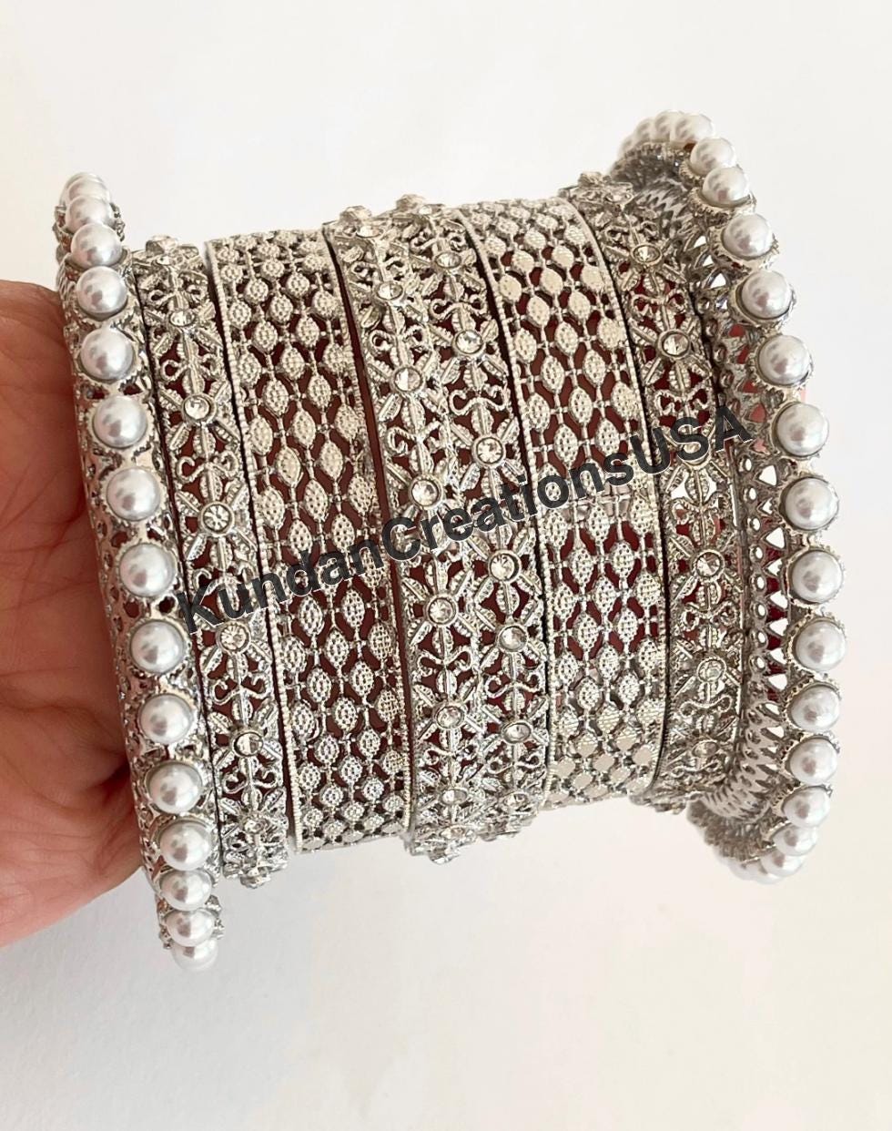 Silver Kundan Pearl Bangles 8 PC/Indian Bangles/ Indian jewelry/wedding jewelry/Silver Kundan bangles/Silver Polki kundan pearl bangles