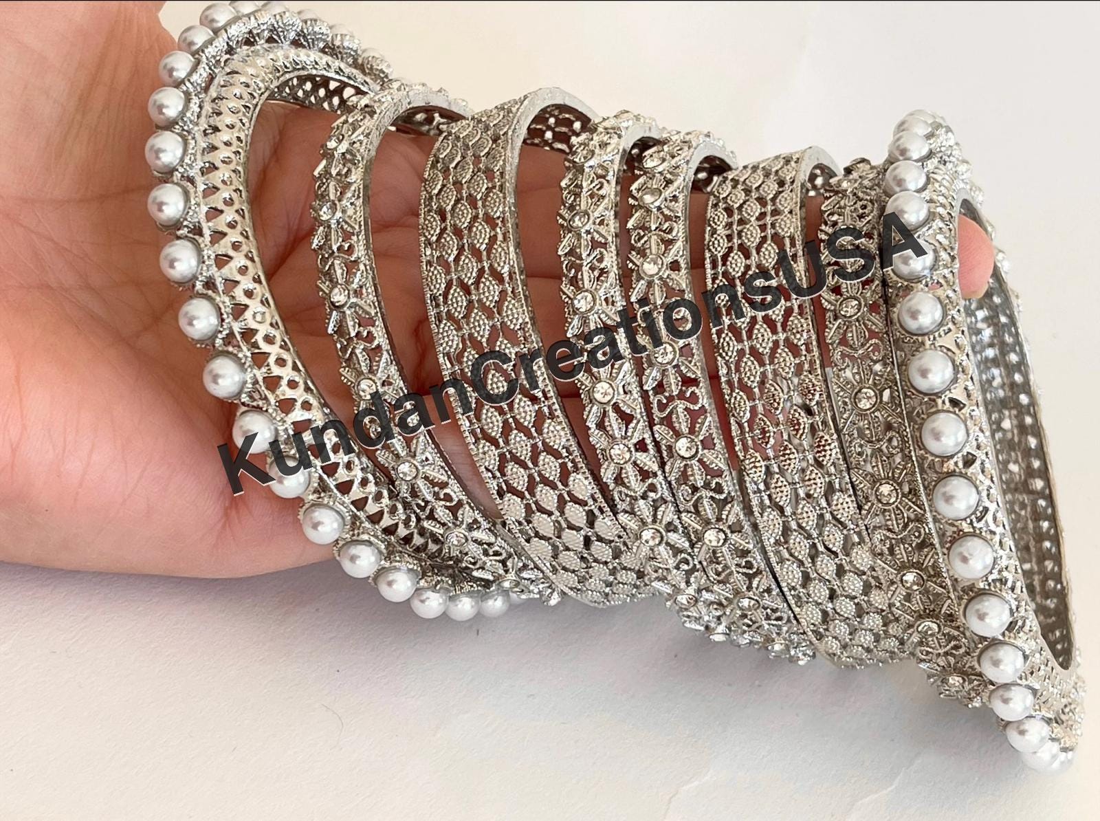 Silver Kundan Pearl Bangles 8 PC/Indian Bangles/ Indian jewelry/wedding jewelry/Silver Kundan bangles/Silver Polki kundan pearl bangles