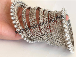 Silver Kundan Pearl Bangles 8 PC/Indian Bangles/ Indian jewelry/wedding jewelry/Silver Kundan bangles/Silver Polki kundan pearl bangles