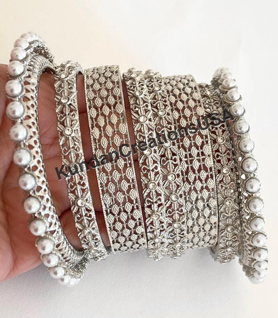 Silver Kundan Pearl Bangles 8 PC/Indian Bangles/ Indian jewelry/wedding jewelry/Silver Kundan bangles/Silver Polki kundan pearl bangles