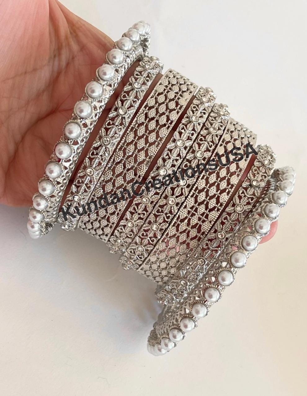 Silver Kundan Pearl Bangles 8 PC/Indian Bangles/ Indian jewelry/wedding jewelry/Silver Kundan bangles/Silver Polki kundan pearl bangles