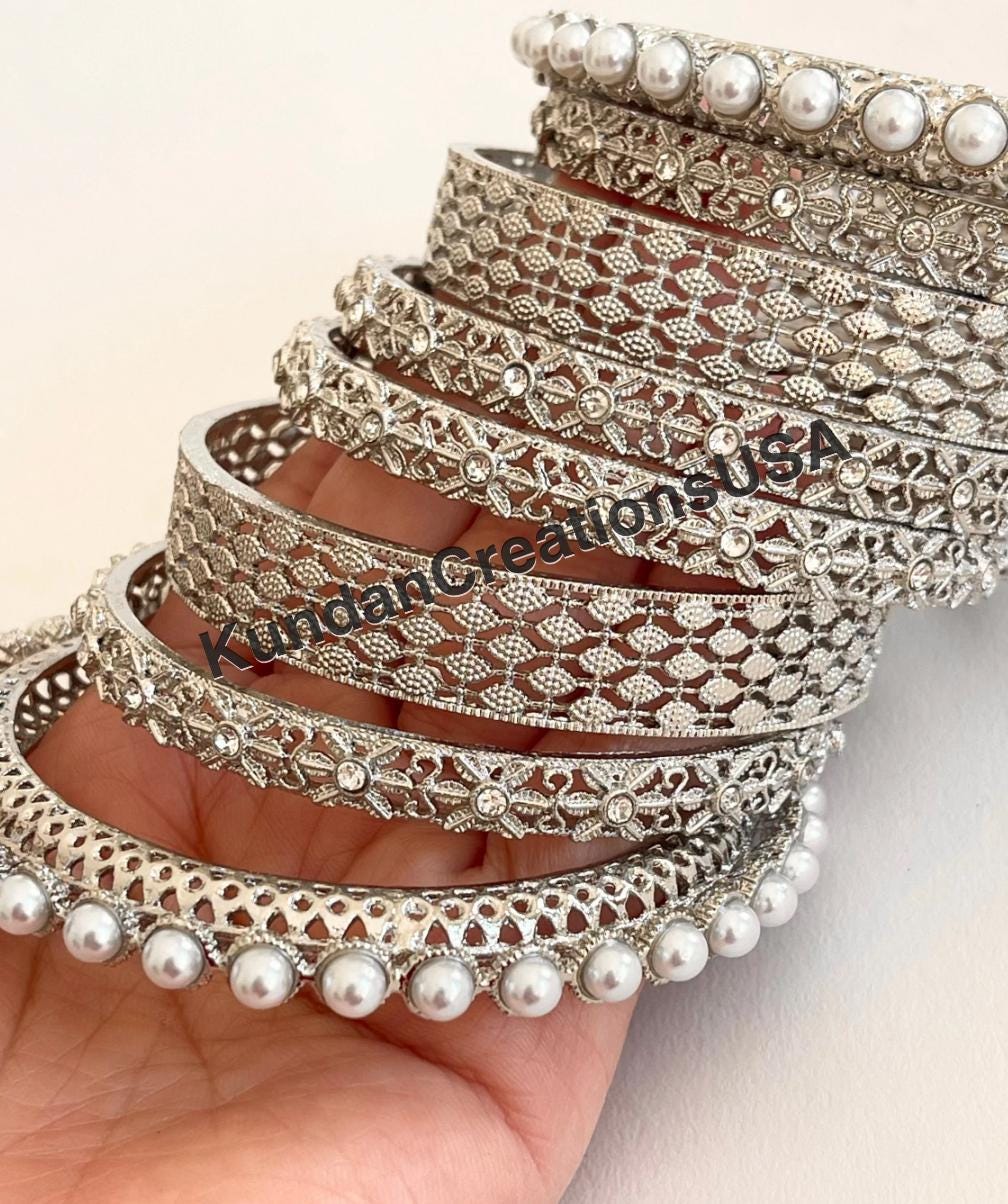 Silver Kundan Pearl Bangles 8 PC/Indian Bangles/ Indian jewelry/wedding jewelry/Silver Kundan bangles/Silver Polki kundan pearl bangles