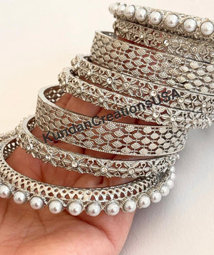 Silver Kundan Pearl Bangles 8 PC/Indian Bangles/ Indian jewelry/wedding jewelry/Silver Kundan bangles/Silver Polki kundan pearl bangles