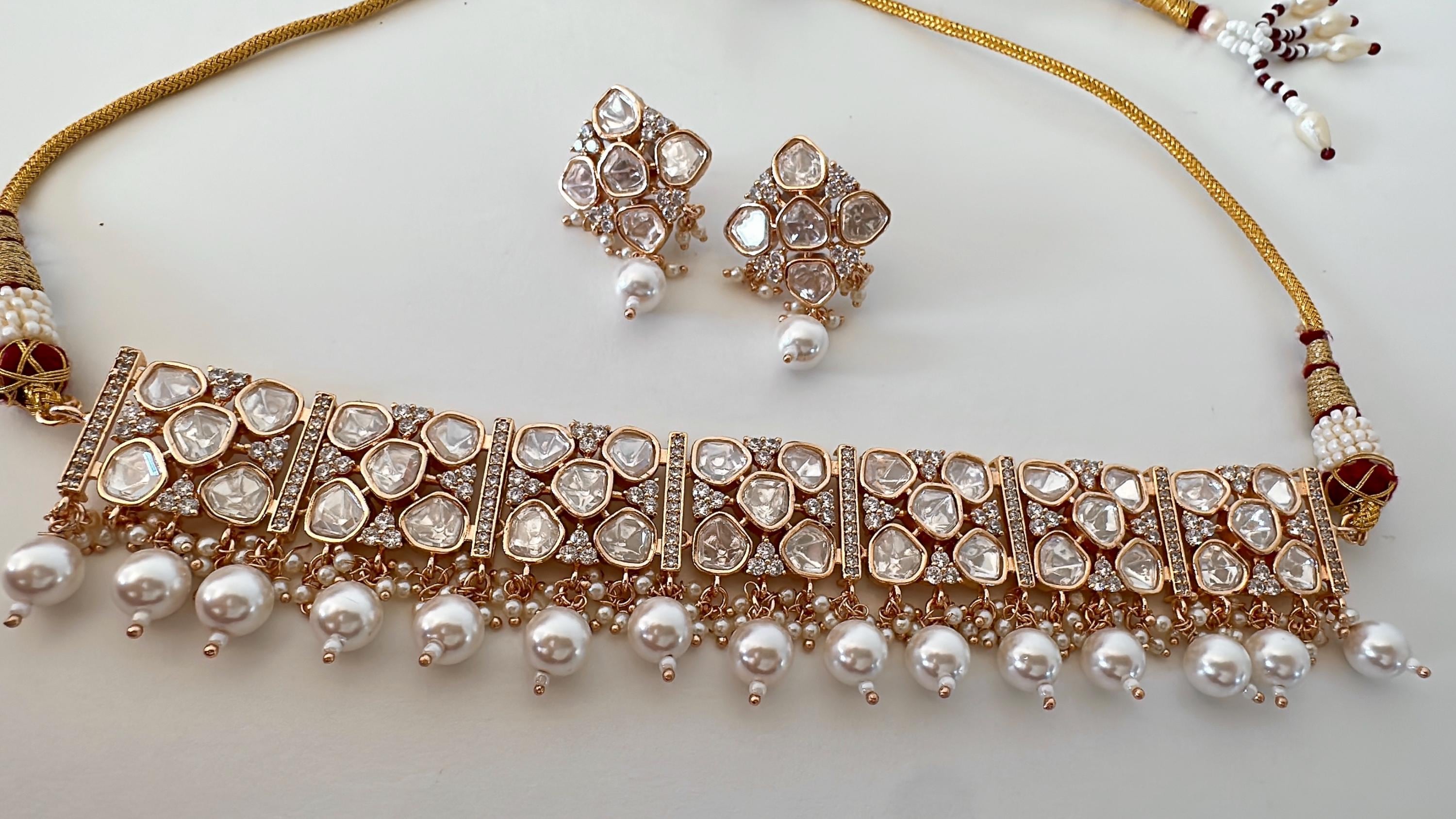 Bridal Kundan Jewelry Moissanite choker necklace stud set/Polki Kundan Stone Necklace / Indian Bridal Jewelry/Indian Wedding jewelry