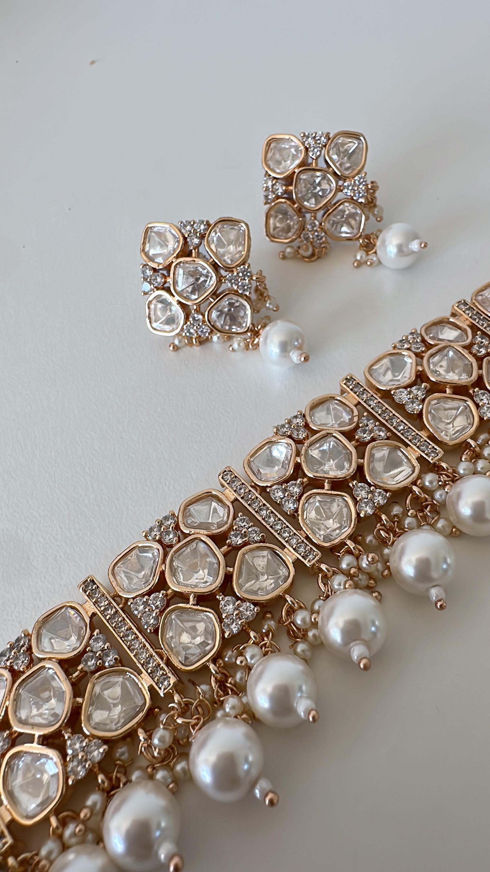 Bridal Kundan Jewelry Moissanite choker necklace stud set/Polki Kundan Stone Necklace / Indian Bridal Jewelry/Indian Wedding jewelry