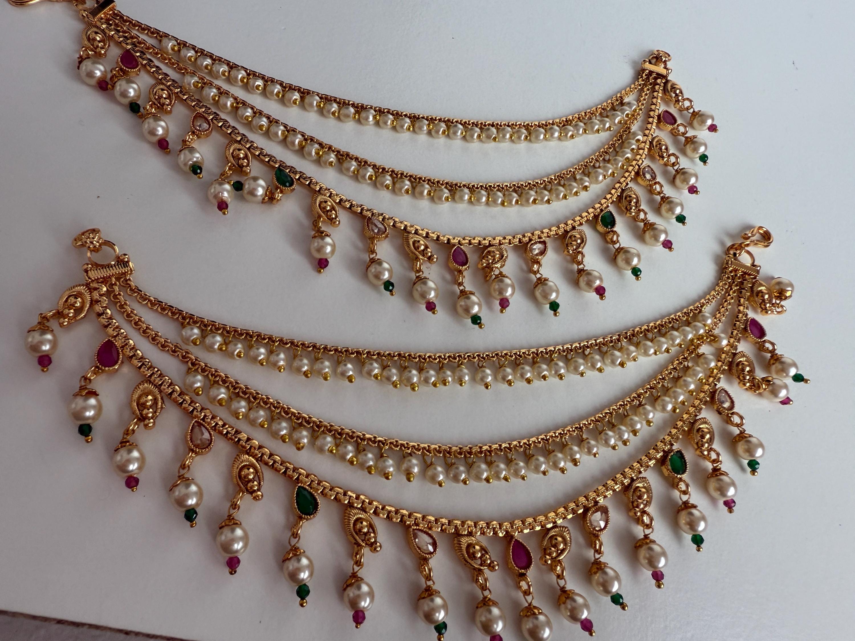 Gold plated Ruby Green pearl Ear Chain/Sahare/Earring support chain/Kaan sahara//Pakistani Jewelry/Bahubali Earrings/Indian Jewelry