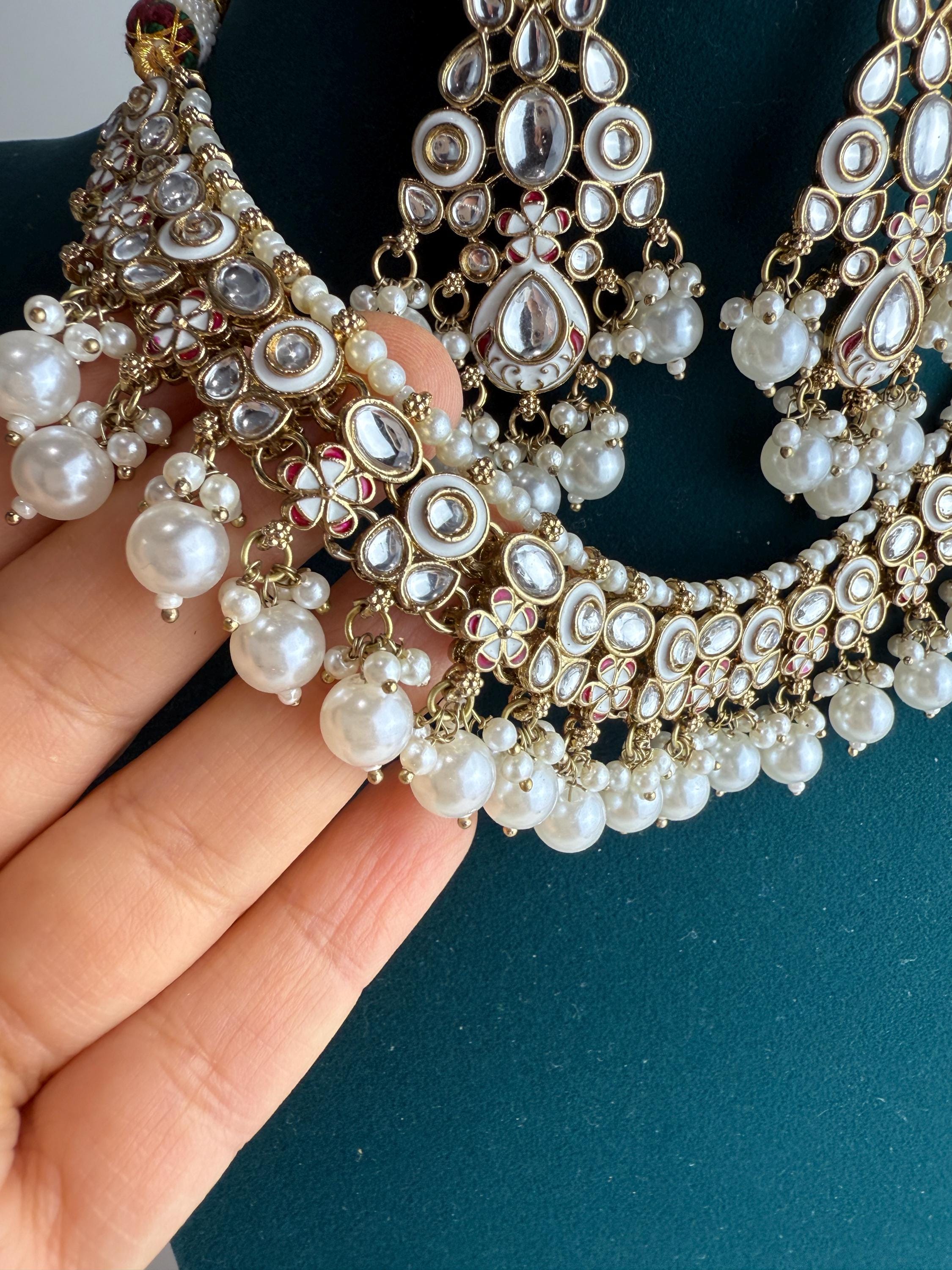 White Pearl Meenakari Kundan Necklace Set with long jhumka and Tikka /Kundan Choker/bridal necklace/Indian wedding jewelry/