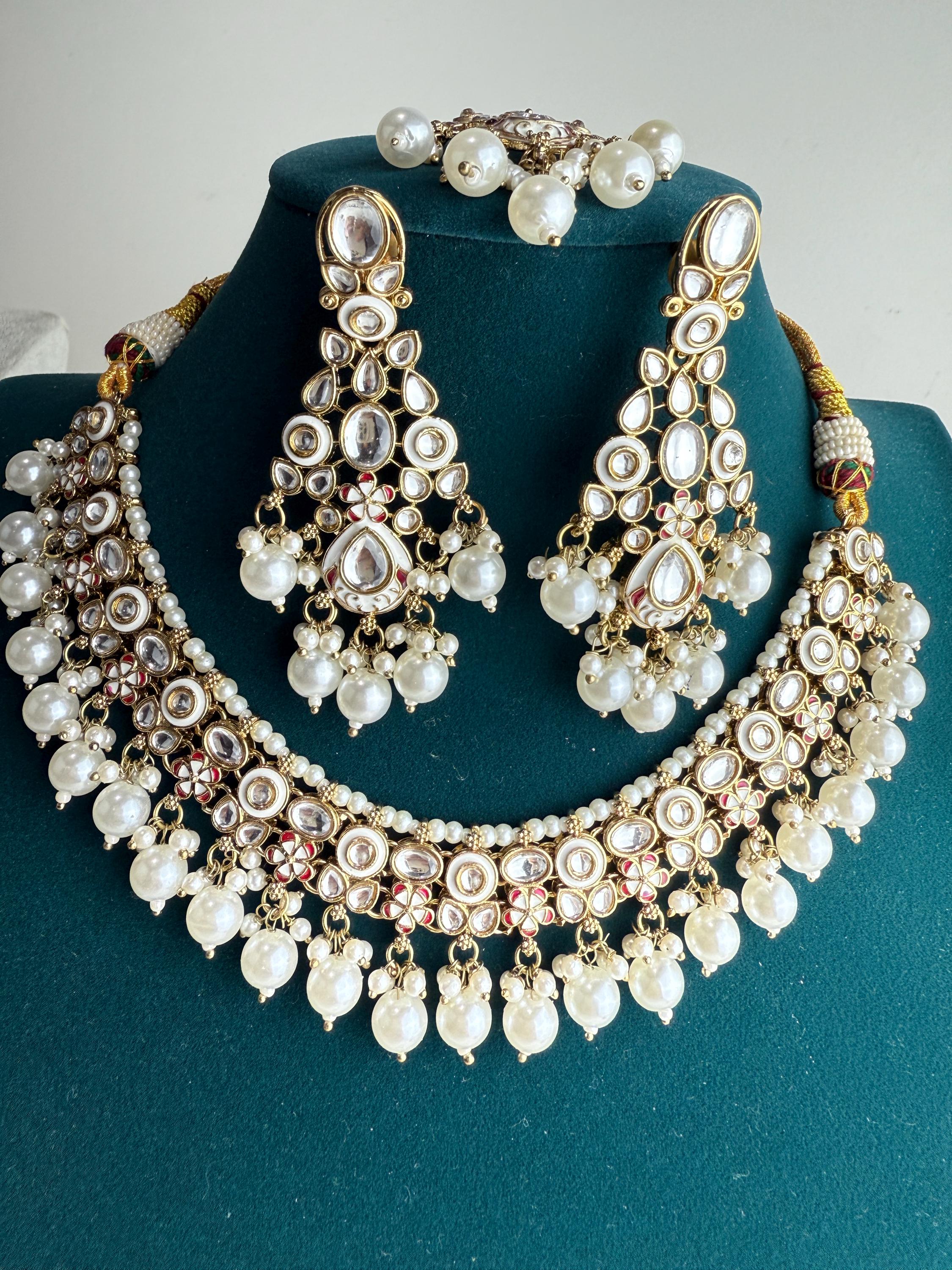 White Pearl Meenakari Kundan Necklace Set with long jhumka and Tikka /Kundan Choker/bridal necklace/Indian wedding jewelry/