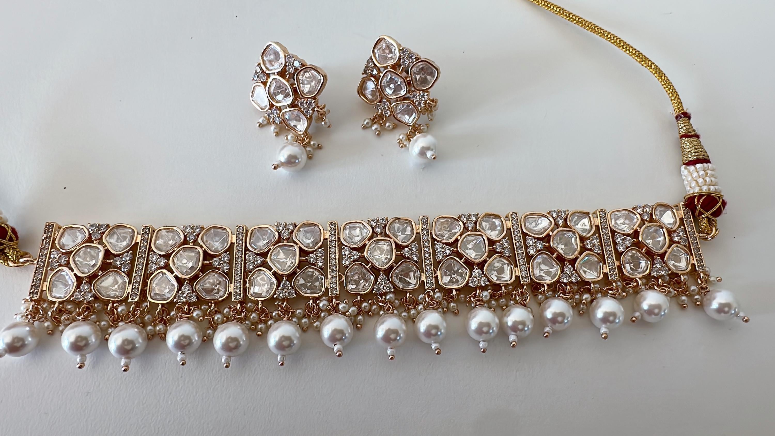 Bridal Kundan Jewelry Moissanite choker necklace stud set/Polki Kundan Stone Necklace / Indian Bridal Jewelry/Indian Wedding jewelry
