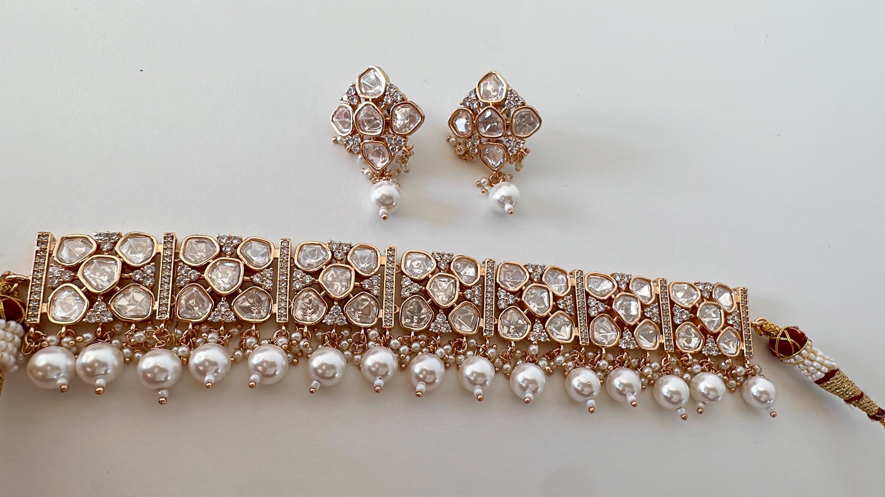 Bridal Kundan Jewelry Moissanite choker necklace stud set/Polki Kundan Stone Necklace / Indian Bridal Jewelry/Indian Wedding jewelry