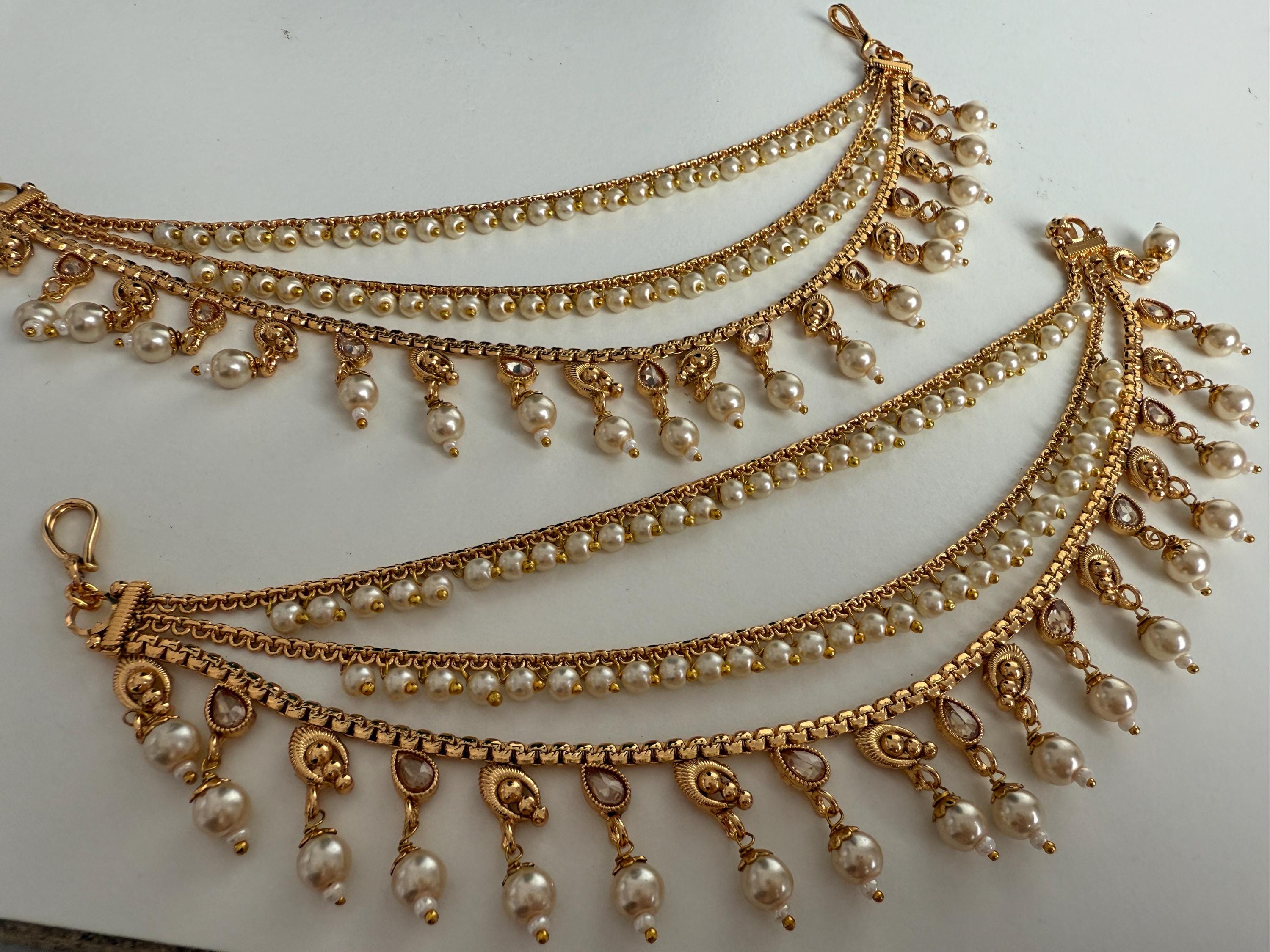 Gold plated pearl Ear Chain/Sahare/Earring support chain/Kaan sahara//Pakistani Jewelry/Bahubali Earrings/Indian Jewelry
