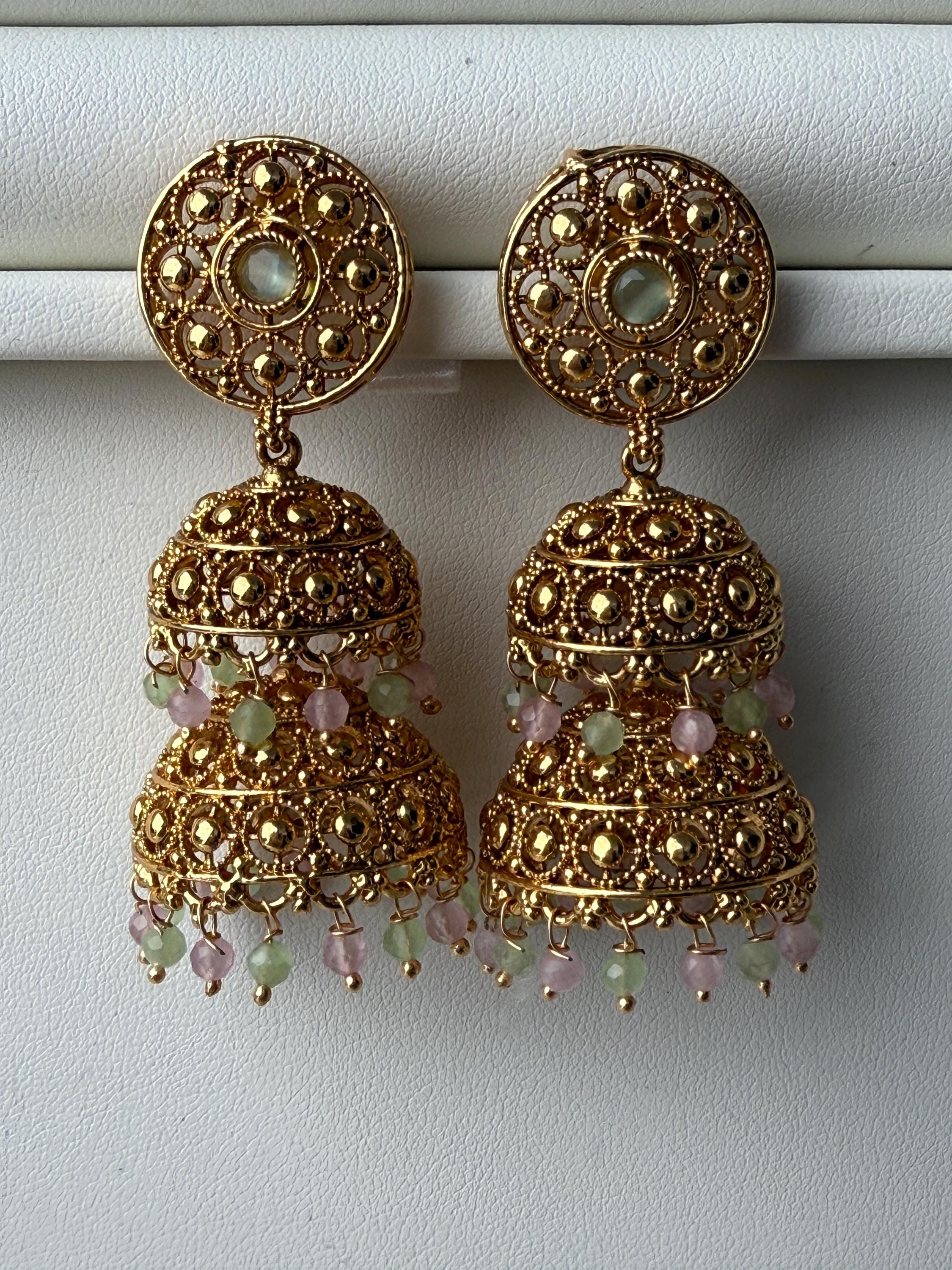 Kundan Polki Mint Pink color double Jhumka /Earrings Temple Jewelry /Wedding special Gold Jhumkas /Indian wedding/Kundan Jhumka
