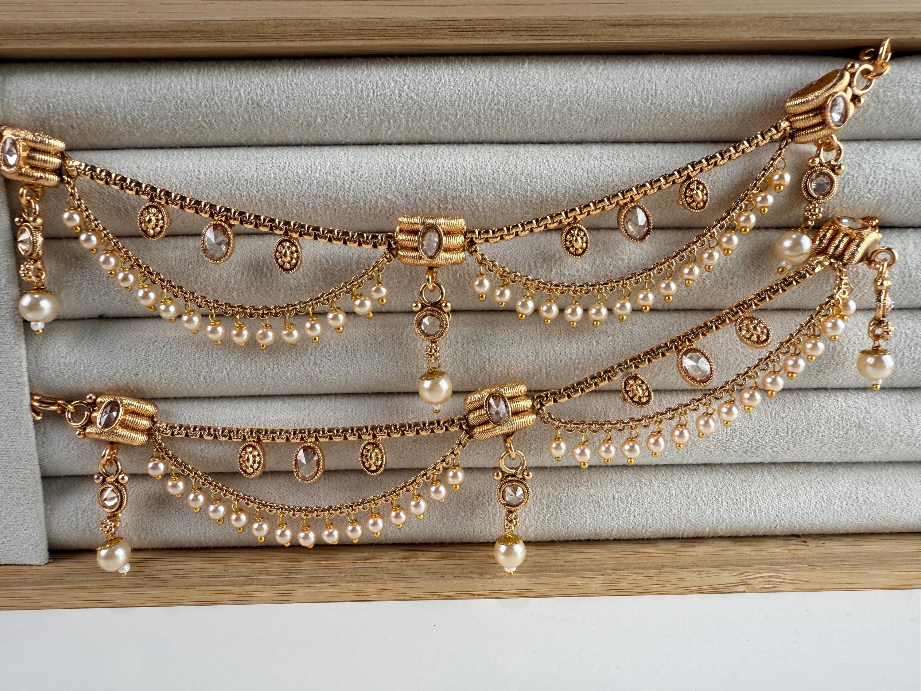 Gold plated pearl Ear Chain/Sahare/Earring support chain/Kaan sahara//Pakistani Jewelry/Bahubali Earrings/Indian Jewelry