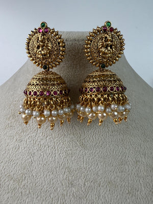 Gold plate Ruby green Jhumka /Earrings Temple Jewelry /Wedding special Gold Jhumkas /Indian wedding/Kundan Jhumka