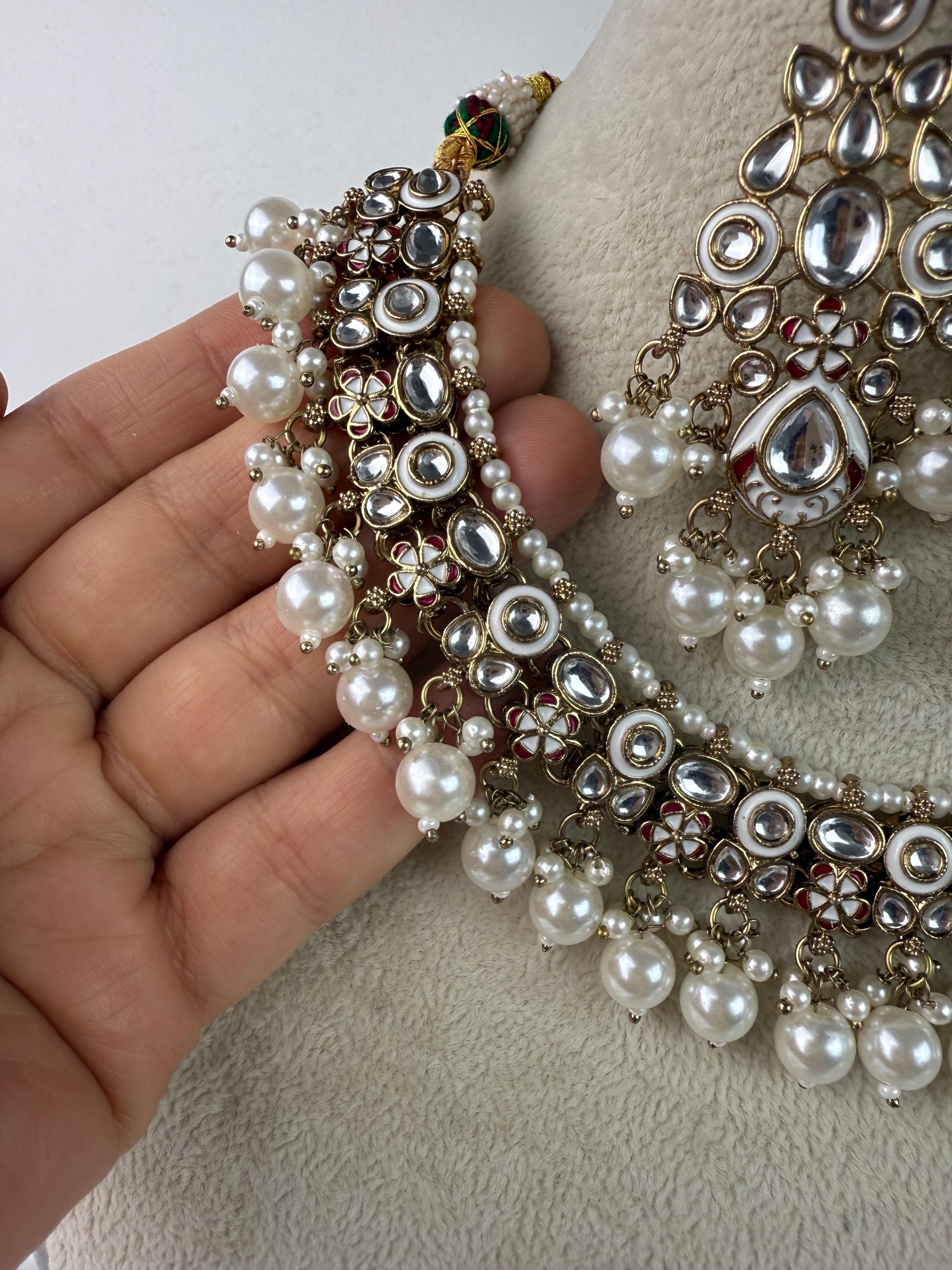 White Pearl Meenakari Kundan Necklace Set with long jhumka and Tikka /Kundan Choker/bridal necklace/Indian wedding jewelry/
