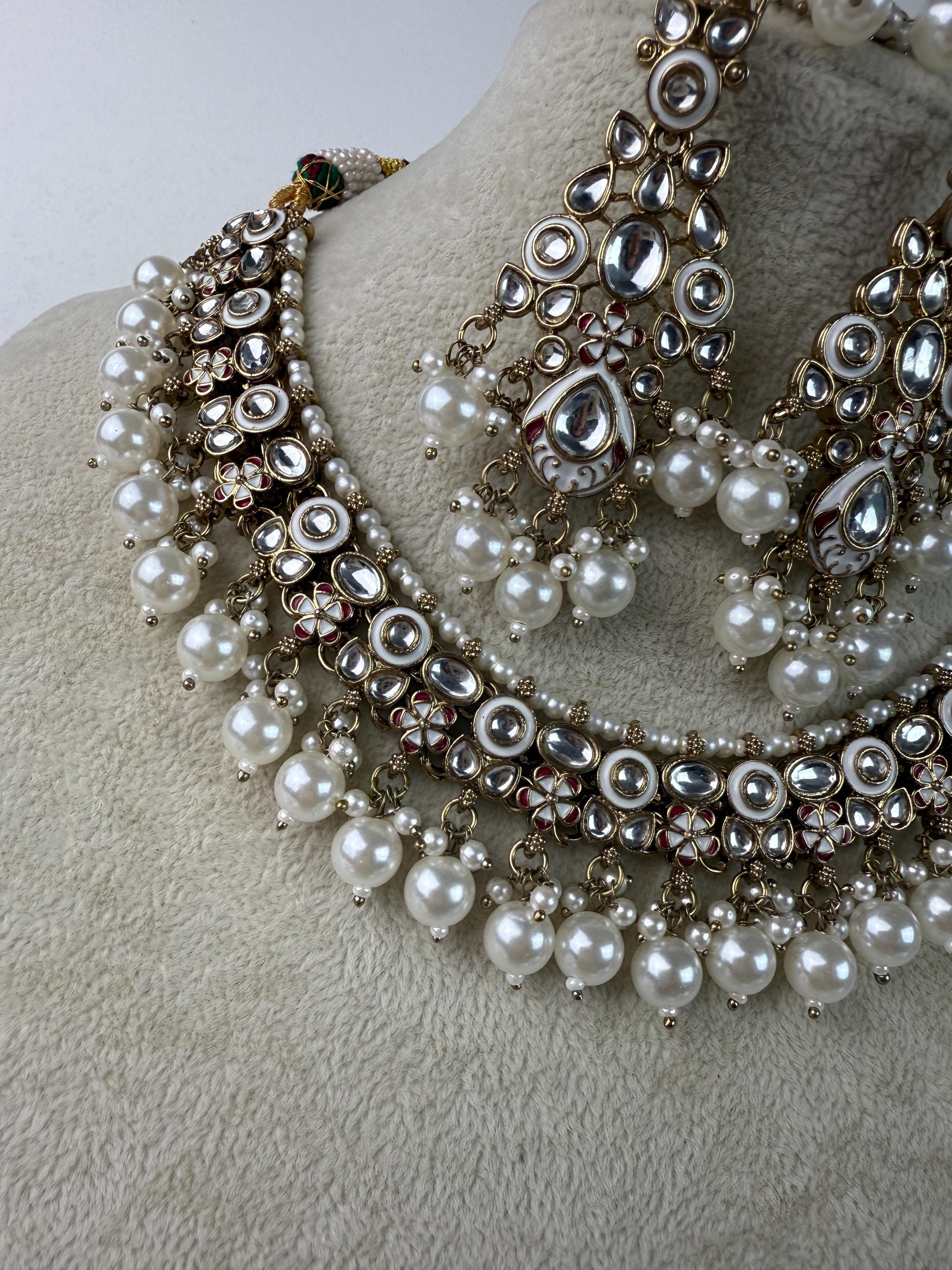White Pearl Meenakari Kundan Necklace Set with long jhumka and Tikka /Kundan Choker/bridal necklace/Indian wedding jewelry/