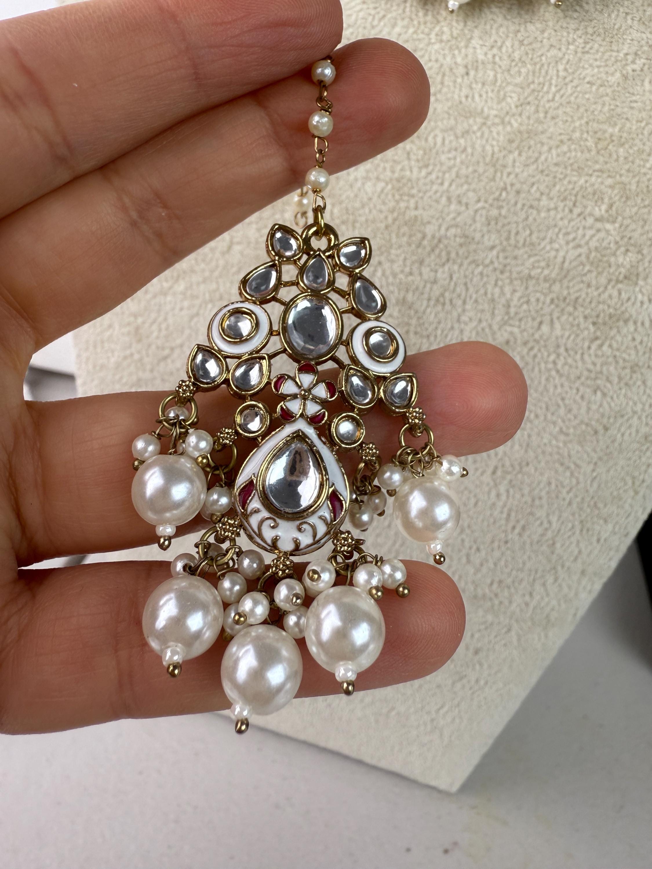 White Pearl Meenakari Kundan Necklace Set with long jhumka and Tikka /Kundan Choker/bridal necklace/Indian wedding jewelry/