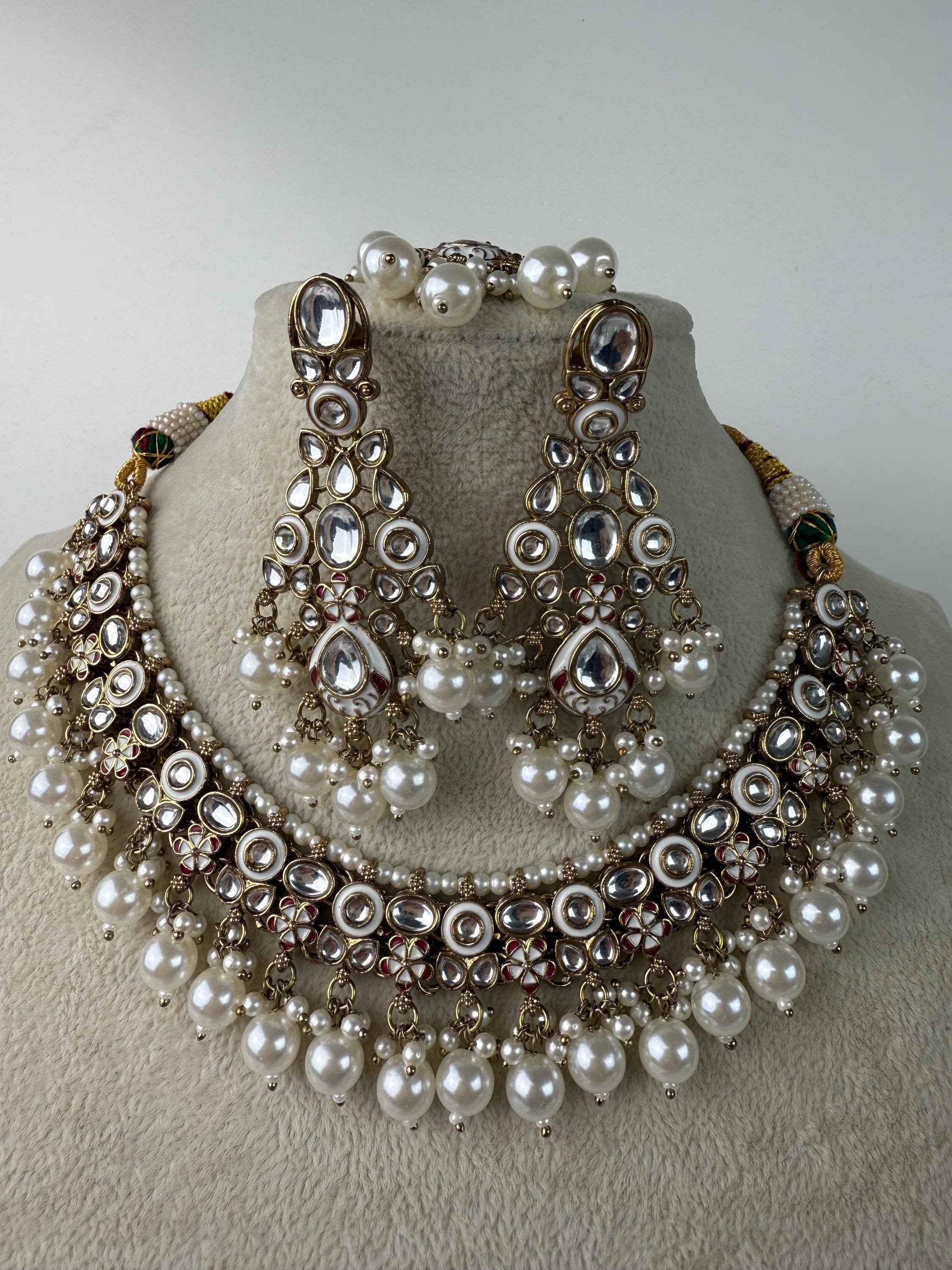 White Pearl Meenakari Kundan Necklace Set with long jhumka and Tikka /Kundan Choker/bridal necklace/Indian wedding jewelry/
