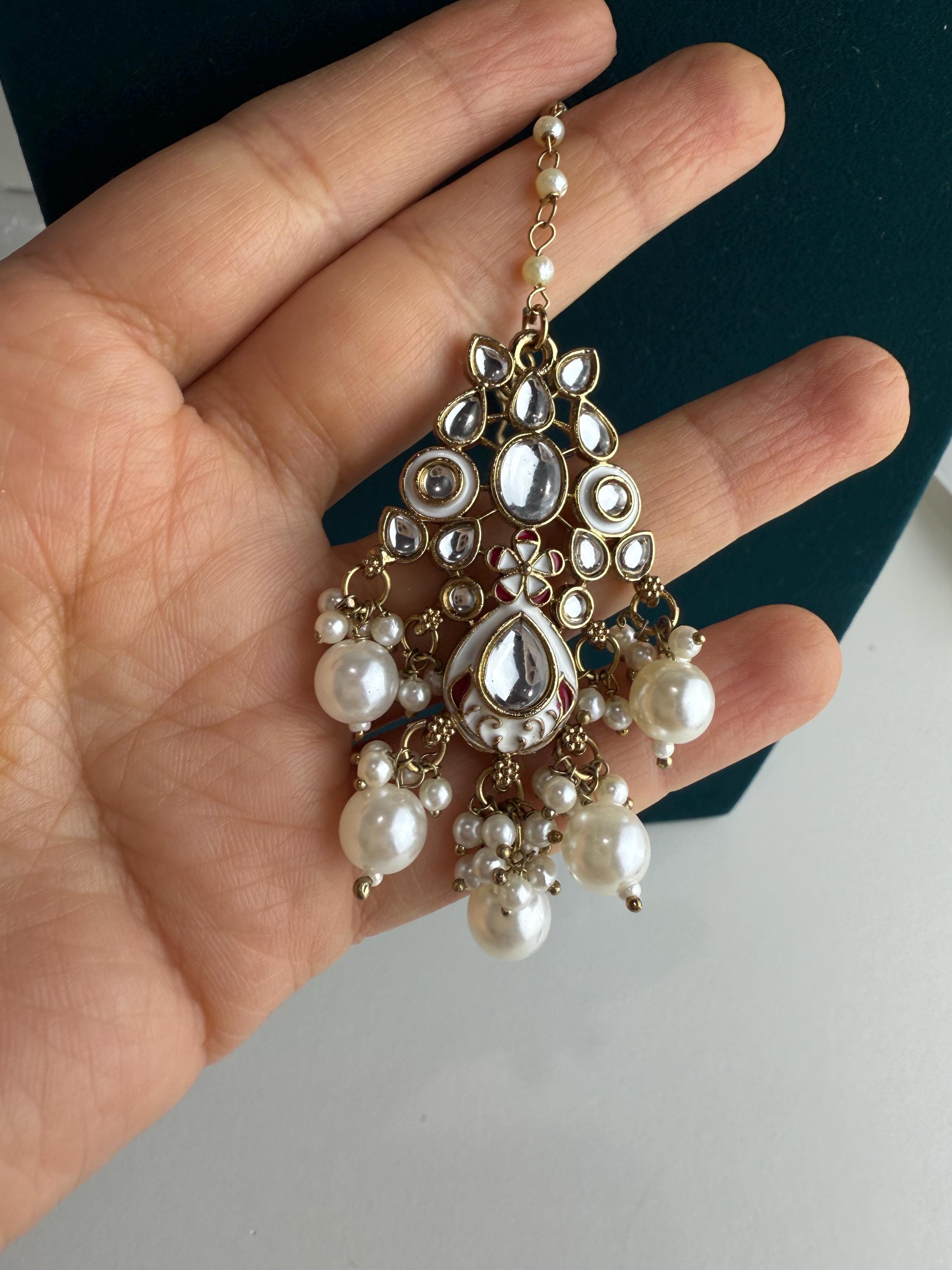 White Pearl Meenakari Kundan Necklace Set with long jhumka and Tikka /Kundan Choker/bridal necklace/Indian wedding jewelry/