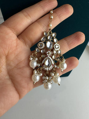 White Pearl Meenakari Kundan Necklace Set with long jhumka and Tikka /Kundan Choker/bridal necklace/Indian wedding jewelry/