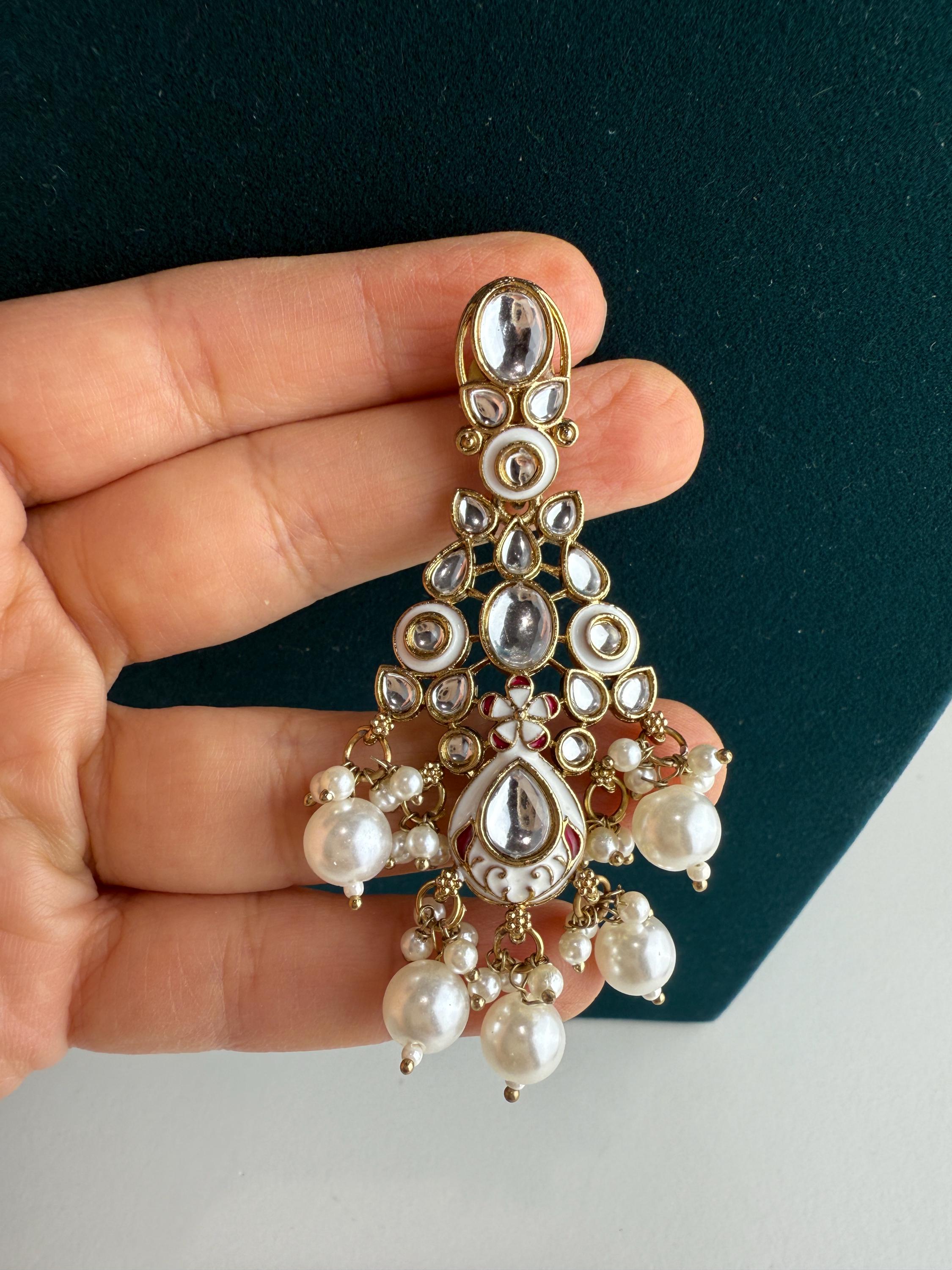 White Pearl Meenakari Kundan Necklace Set with long jhumka and Tikka /Kundan Choker/bridal necklace/Indian wedding jewelry/