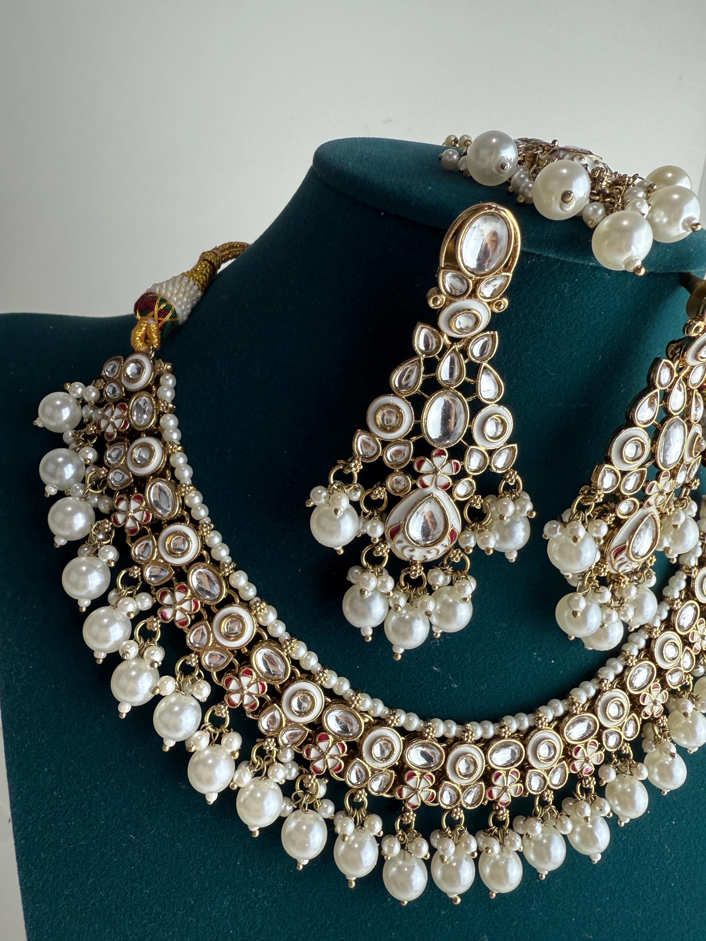 White Pearl Meenakari Kundan Necklace Set with long jhumka and Tikka /Kundan Choker/bridal necklace/Indian wedding jewelry/