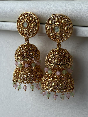 Kundan Polki Mint Pink color double Jhumka /Earrings Temple Jewelry /Wedding special Gold Jhumkas /Indian wedding/Kundan Jhumka