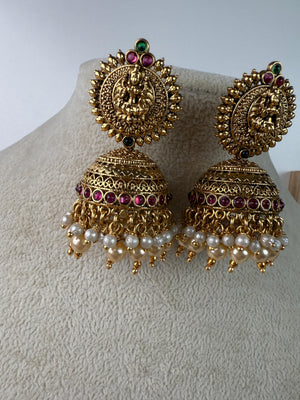 Gold plate Ruby green Jhumka /Earrings Temple Jewelry /Wedding special Gold Jhumkas /Indian wedding/Kundan Jhumka