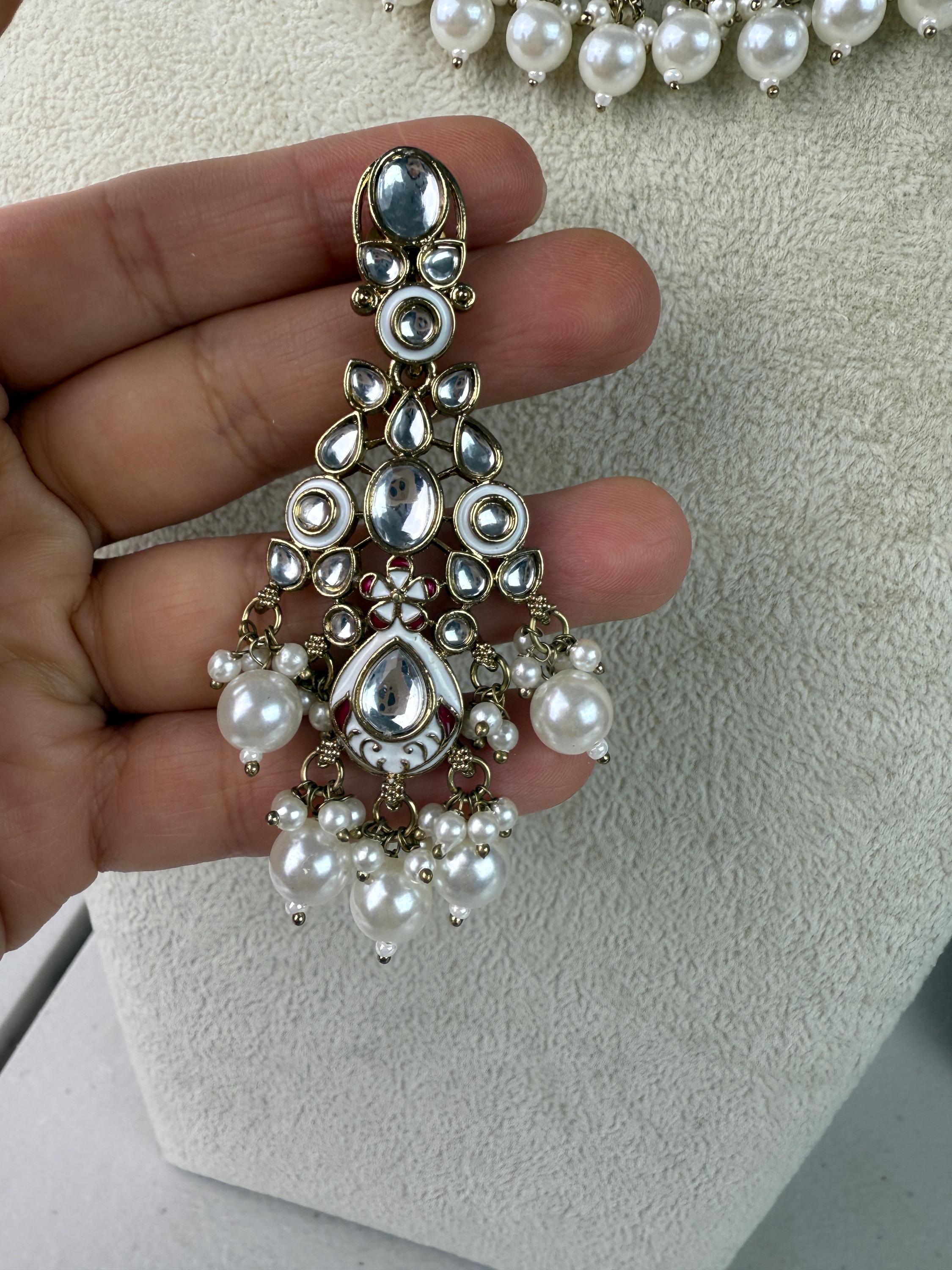 White Pearl Meenakari Kundan Necklace Set with long jhumka and Tikka /Kundan Choker/bridal necklace/Indian wedding jewelry/