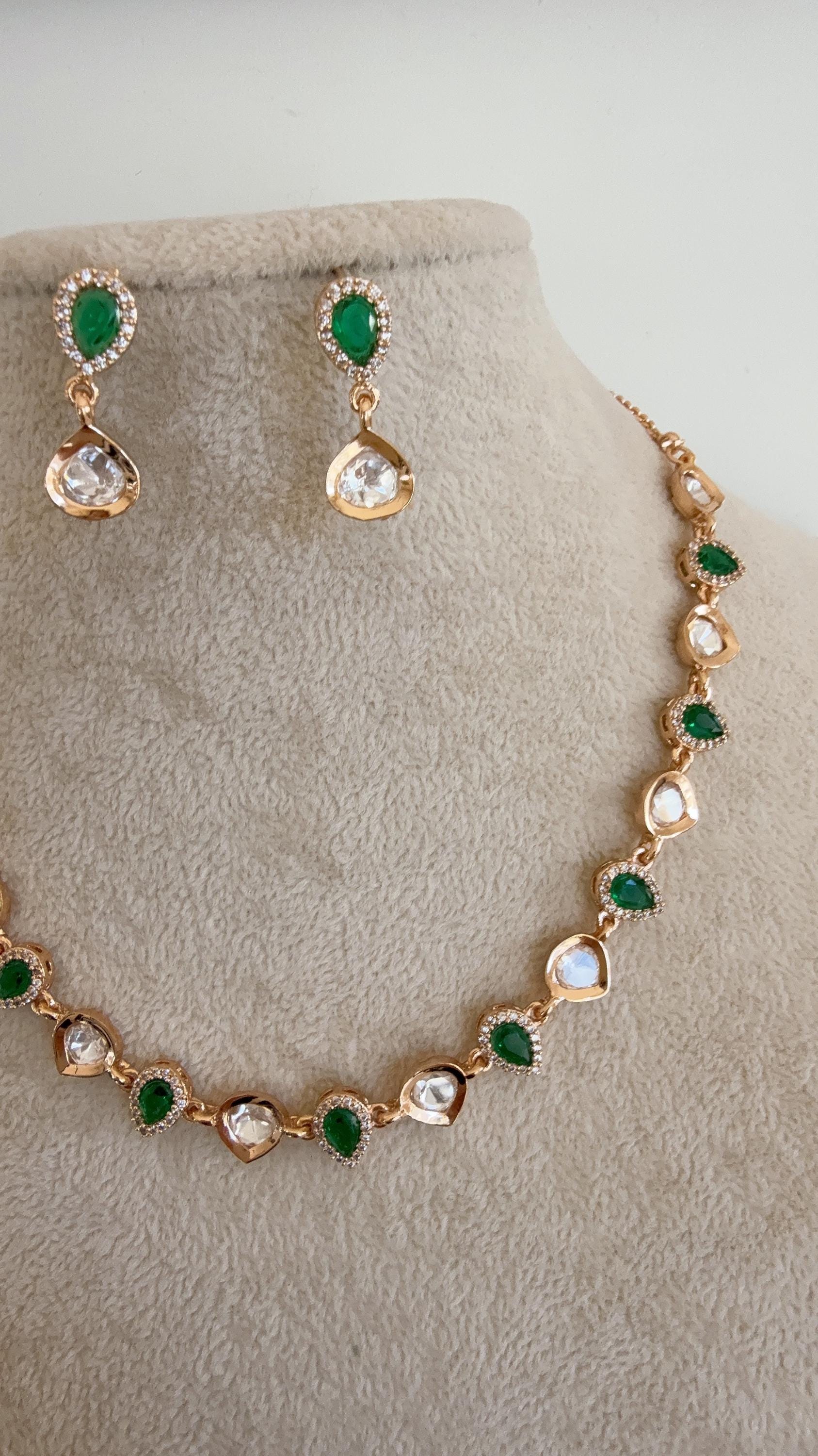 Green Emerald Petite size Kundan Jewelry Moissanite necklace /Necklace Moissanite chain /Indian Bridal Jewelry/Diamond Necklace Gift for Her