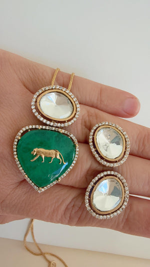Sabyasachi Inspired Pendant Set with Jaguar on Natural Stone/Kundan Moissanite Necklace studs set / Indian Jewelry/Moissanite Pendant Set